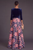 Blue Floral V-Neck A-Line Long Sleeves Formal Dress with Bow