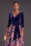Blue Floral V-Neck A-Line Long Sleeves Formal Dress with Bow