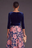 Blue Floral V-Neck A-Line Long Sleeves Formal Dress with Bow