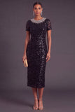 Sparkly Sequins Black Sheath Round Neck Midi Formal Dress with Rhinestone