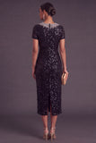 Sparkly Sequins Black Sheath Round Neck Midi Formal Dress with Rhinestone