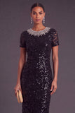 Sparkly Sequins Black Sheath Round Neck Midi Formal Dress with Rhinestone