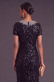 Sparkly Sequins Black Sheath Round Neck Midi Formal Dress with Rhinestone
