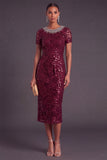 Sparkly Sequins Black Sheath Round Neck Midi Formal Dress with Rhinestone