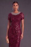 Sparkly Sequins Black Sheath Round Neck Midi Formal Dress with Rhinestone