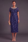 Sparkly Sequins Black Sheath Round Neck Midi Formal Dress with Rhinestone