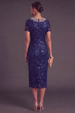 Sparkly Sequins Black Sheath Round Neck Midi Formal Dress with Rhinestone