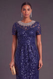 Sparkly Sequins Black Sheath Round Neck Midi Formal Dress with Rhinestone