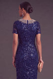 Sparkly Sequins Black Sheath Round Neck Midi Formal Dress with Rhinestone