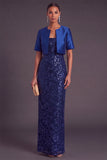 Sparkly Sequins Black 2 Piece Long Sheath Formal Dress