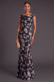 Black Floral Ruched Boat Neck Mermaid Long Formal Dress with Sleeves