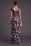 Black Floral Ruched Boat Neck Mermaid Long Formal Dress with Sleeves