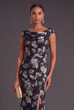 Black Floral Ruched Boat Neck Mermaid Long Formal Dress with Sleeves