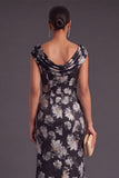 Black Floral Ruched Boat Neck Mermaid Long Formal Dress with Sleeves