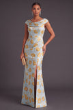 Black Floral Ruched Boat Neck Mermaid Long Formal Dress with Sleeves