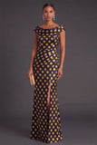 Black Floral Ruched Boat Neck Mermaid Long Formal Dress with Sleeves