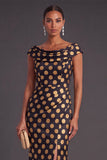 Black Floral Ruched Boat Neck Mermaid Long Formal Dress with Sleeves