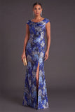 Black Floral Ruched Boat Neck Mermaid Long Formal Dress with Sleeves