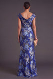 Black Floral Ruched Boat Neck Mermaid Long Formal Dress with Sleeves