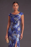 Black Floral Ruched Boat Neck Mermaid Long Formal Dress with Sleeves