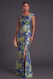 Black Floral Ruched Boat Neck Mermaid Long Formal Dress with Sleeves