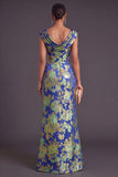 Black Floral Ruched Boat Neck Mermaid Long Formal Dress with Sleeves