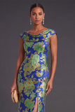 Black Floral Ruched Boat Neck Mermaid Long Formal Dress with Sleeves