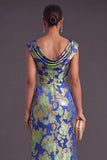 Black Floral Ruched Boat Neck Mermaid Long Formal Dress with Sleeves