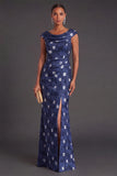 Black Floral Ruched Boat Neck Mermaid Long Formal Dress with Sleeves