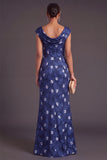 Black Floral Ruched Boat Neck Mermaid Long Formal Dress with Sleeves