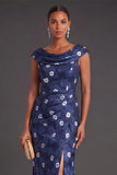 Black Floral Ruched Boat Neck Mermaid Long Formal Dress with Sleeves