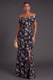 Black Floral Off the Shoulder Ruffled Ruched Mermaid Long Formal Dress with Slit