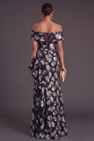 Black Floral Off the Shoulder Ruffled Ruched Mermaid Long Formal Dress with Slit