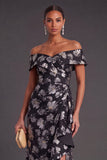 Black Floral Off the Shoulder Ruffled Ruched Mermaid Long Formal Dress with Slit