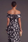 Black Floral Off the Shoulder Ruffled Ruched Mermaid Long Formal Dress with Slit