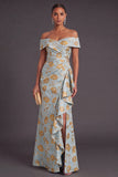 Black Floral Off the Shoulder Ruffled Ruched Mermaid Long Formal Dress with Slit