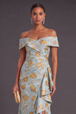Black Floral Off the Shoulder Ruffled Ruched Mermaid Long Formal Dress with Slit