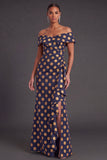 Black Floral Off the Shoulder Ruffled Ruched Mermaid Long Formal Dress with Slit