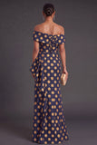 Black Floral Off the Shoulder Ruffled Ruched Mermaid Long Formal Dress with Slit
