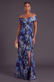 Black Floral Off the Shoulder Ruffled Ruched Mermaid Long Formal Dress with Slit