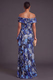 Black Floral Off the Shoulder Ruffled Ruched Mermaid Long Formal Dress with Slit