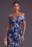 Black Floral Off the Shoulder Ruffled Ruched Mermaid Long Formal Dress with Slit