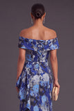 Black Floral Off the Shoulder Ruffled Ruched Mermaid Long Formal Dress with Slit