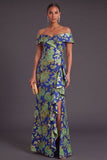Black Floral Off the Shoulder Ruffled Ruched Mermaid Long Formal Dress with Slit