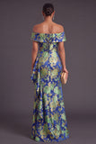 Black Floral Off the Shoulder Ruffled Ruched Mermaid Long Formal Dress with Slit