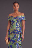 Black Floral Off the Shoulder Ruffled Ruched Mermaid Long Formal Dress with Slit