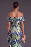 Black Floral Off the Shoulder Ruffled Ruched Mermaid Long Formal Dress with Slit