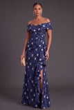 Black Floral Off the Shoulder Ruffled Ruched Mermaid Long Formal Dress with Slit