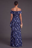 Black Floral Off the Shoulder Ruffled Ruched Mermaid Long Formal Dress with Slit