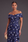 Black Floral Off the Shoulder Ruffled Ruched Mermaid Long Formal Dress with Slit